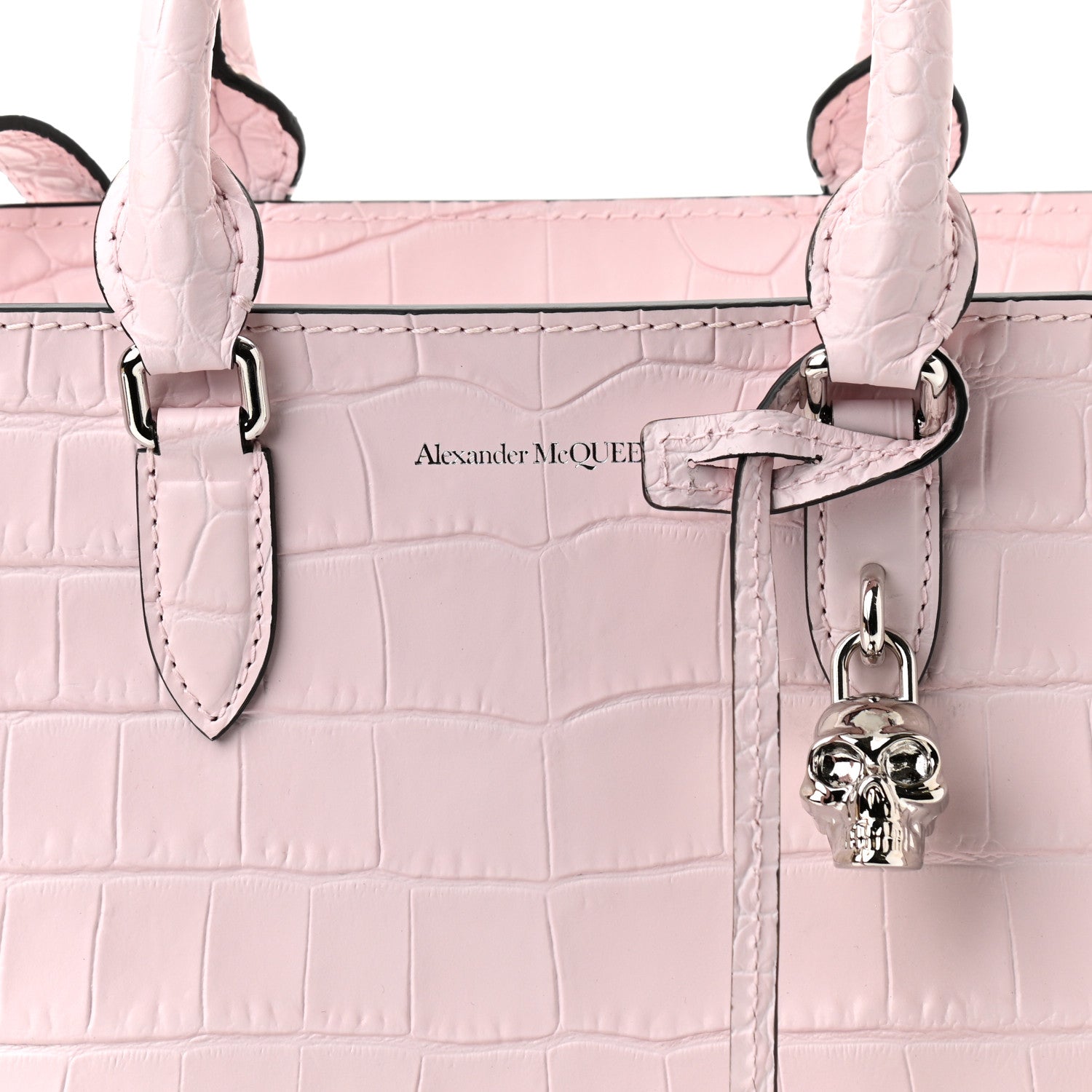 Alexander McQueen Calfskin Crocodile Embossed Small Skull Padlock Zip Around Tote Pink 8 of 10