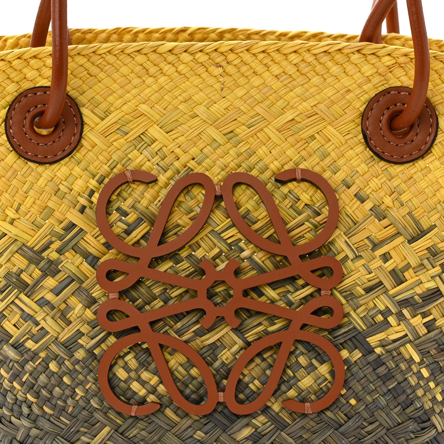 Calfskin Raffia Paulas Ibiza Small Anagram Basket Tote Bag Yellow Green