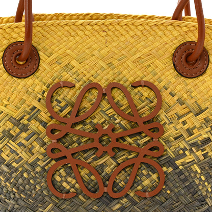 Loewe Calfskin Raffia Paulas Ibiza Small Anagram Basket Tote Bag Yellow Green 8 of 10