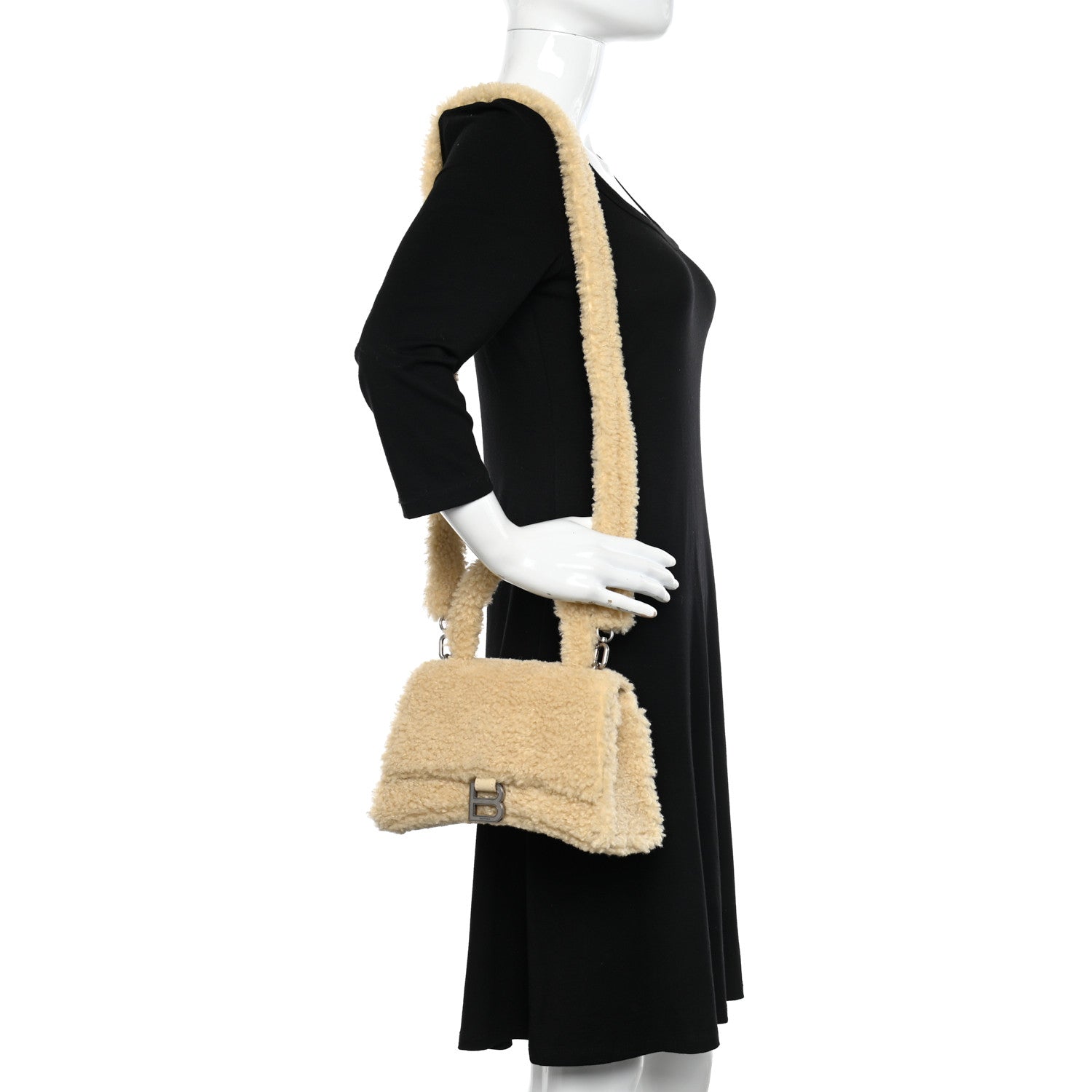 Balenciaga Curly Faux Shearling Small Hourglass Top Handle Bag Beige 2 of 12