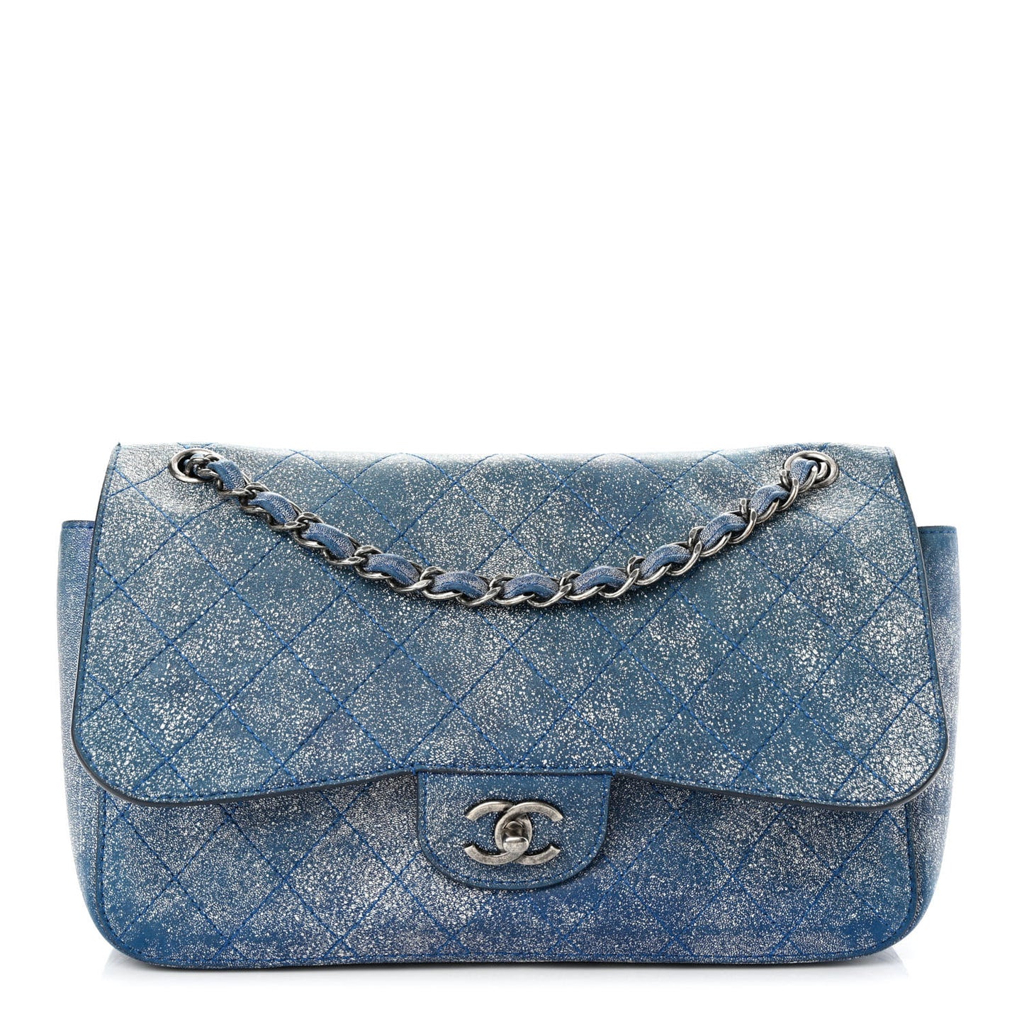 Crackled Calfskin Jumbo Double Flap Blue