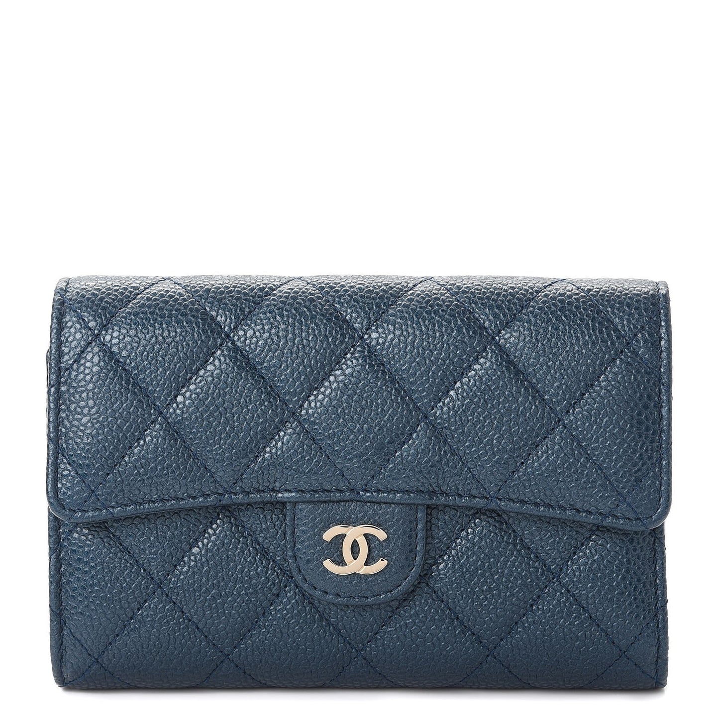 Metallic Caviar Quilted Medium Flap Wallet Dark Blue