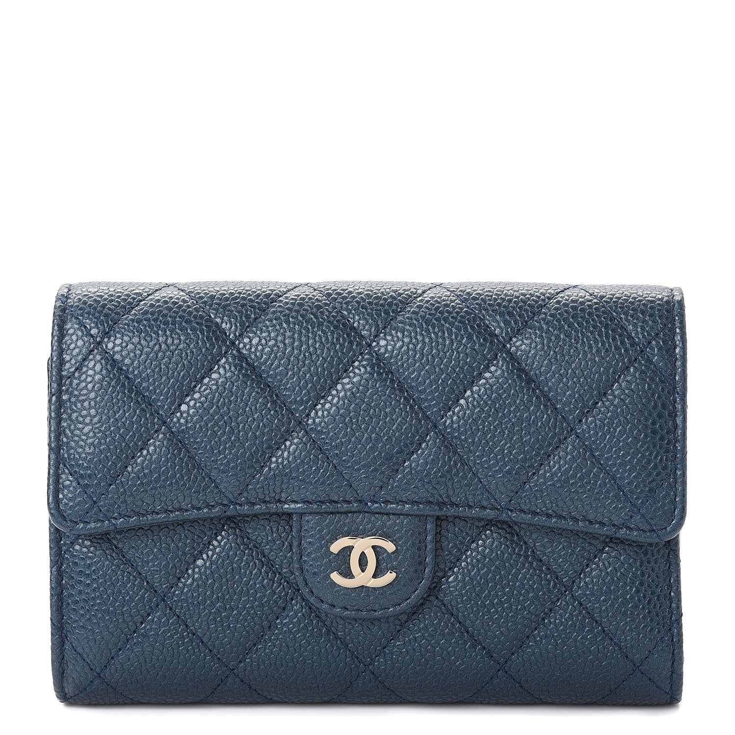 Chanel Metallic Caviar Quilted Medium Flap Wallet Dark Blue 1 of 9