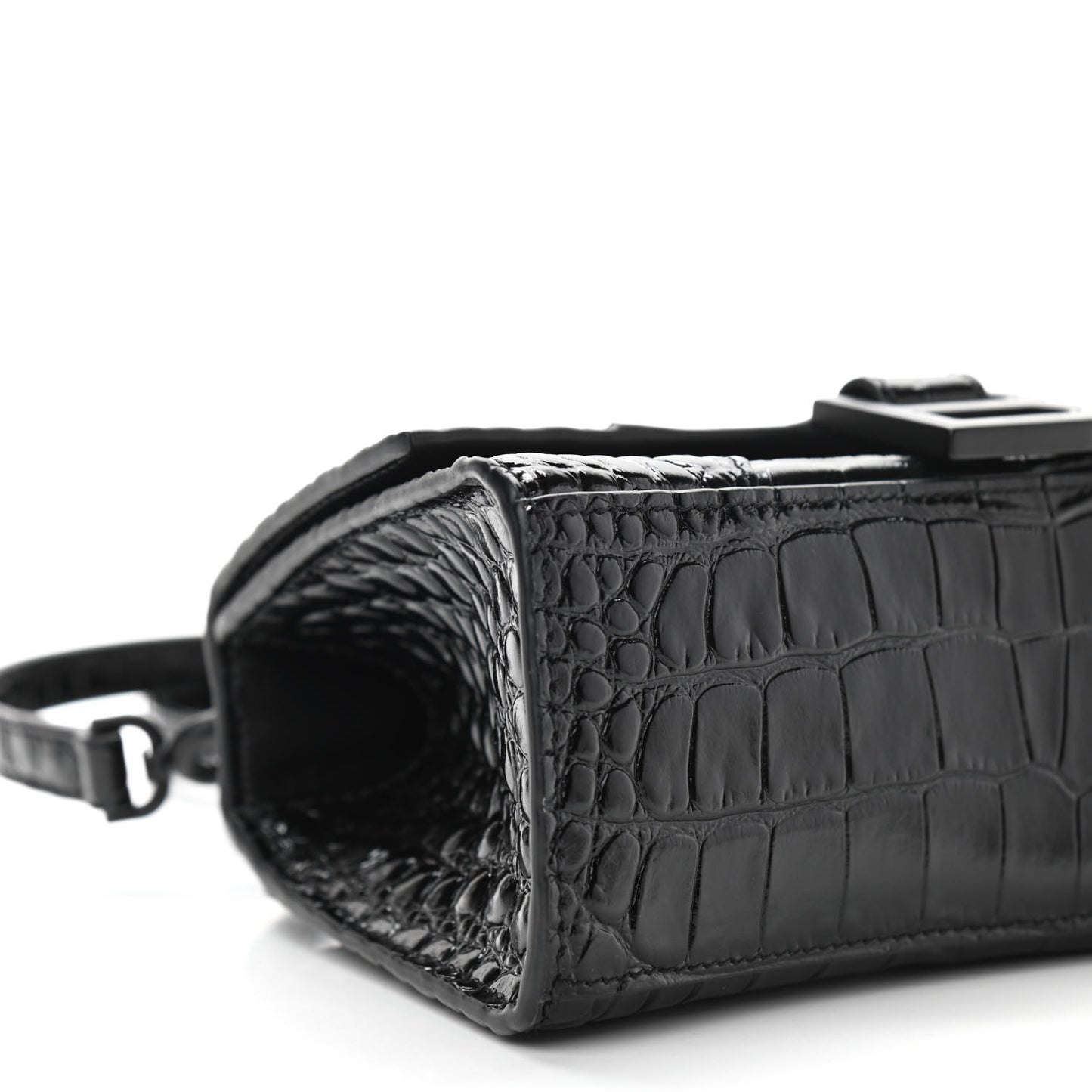 Shiny Calfskin Monochrome Crocodile Embossed Hourglass Top Handle Bag XS Black