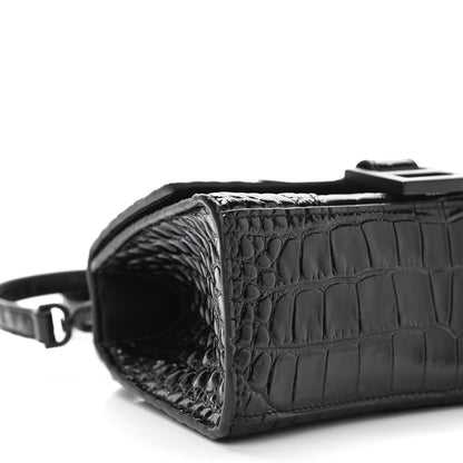 Balenciaga Shiny Calfskin Monochrome Crocodile Embossed Hourglass Top Handle Bag XS Black 11 of 12
