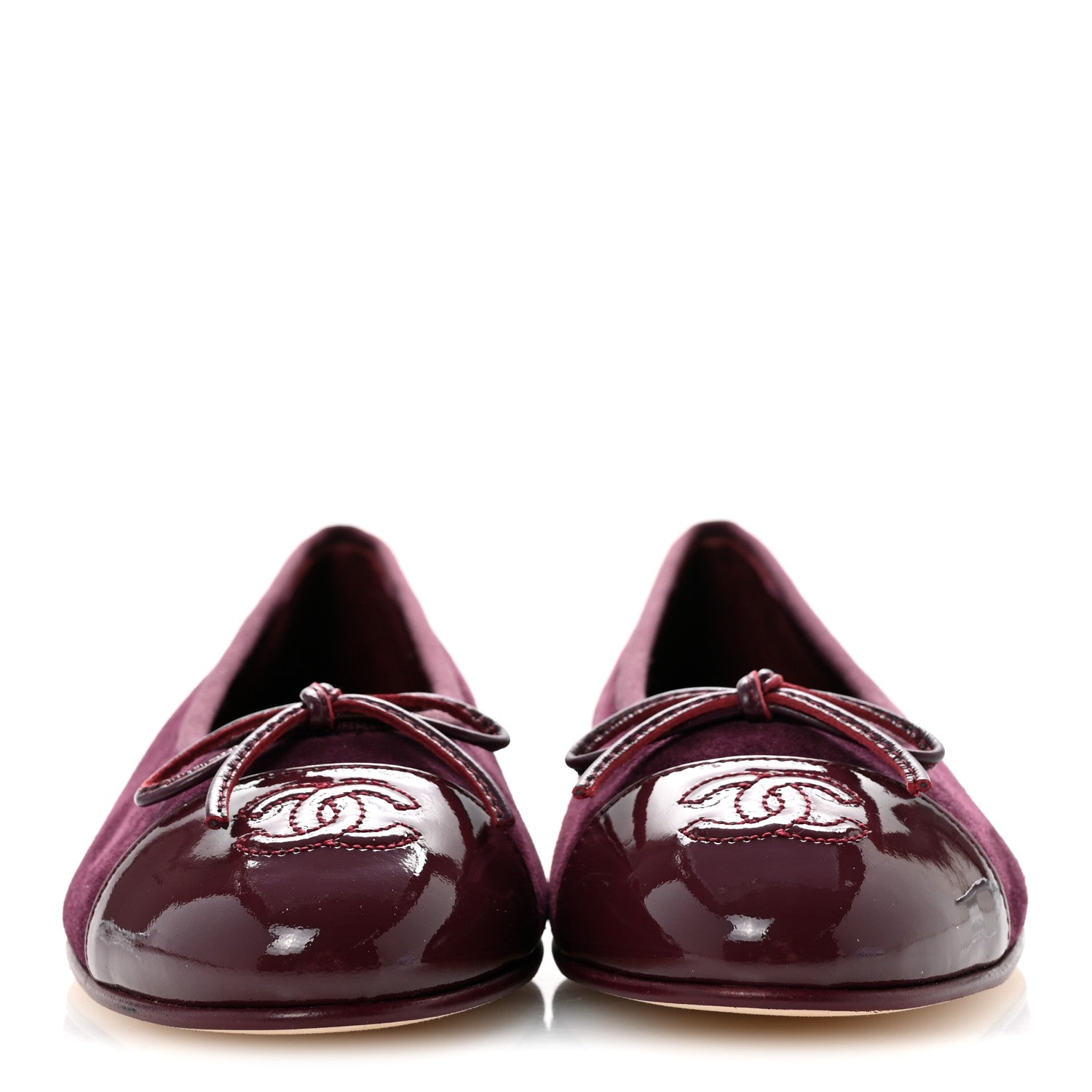 Chanel Suede Calfskin Patent Cap Toe CC Ballerina Flats 37 Burgundy 3 of 10