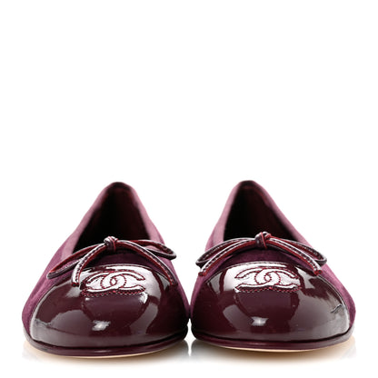 Chanel Suede Calfskin Patent Cap Toe CC Ballerina Flats 37 Burgundy 3 of 10