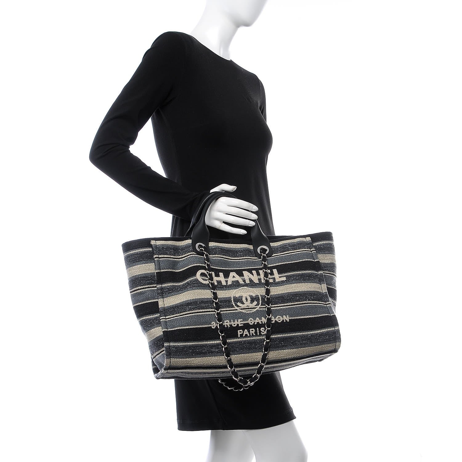 Chanel Striped Canvas Medium Deauville Tote Black 2 of 8