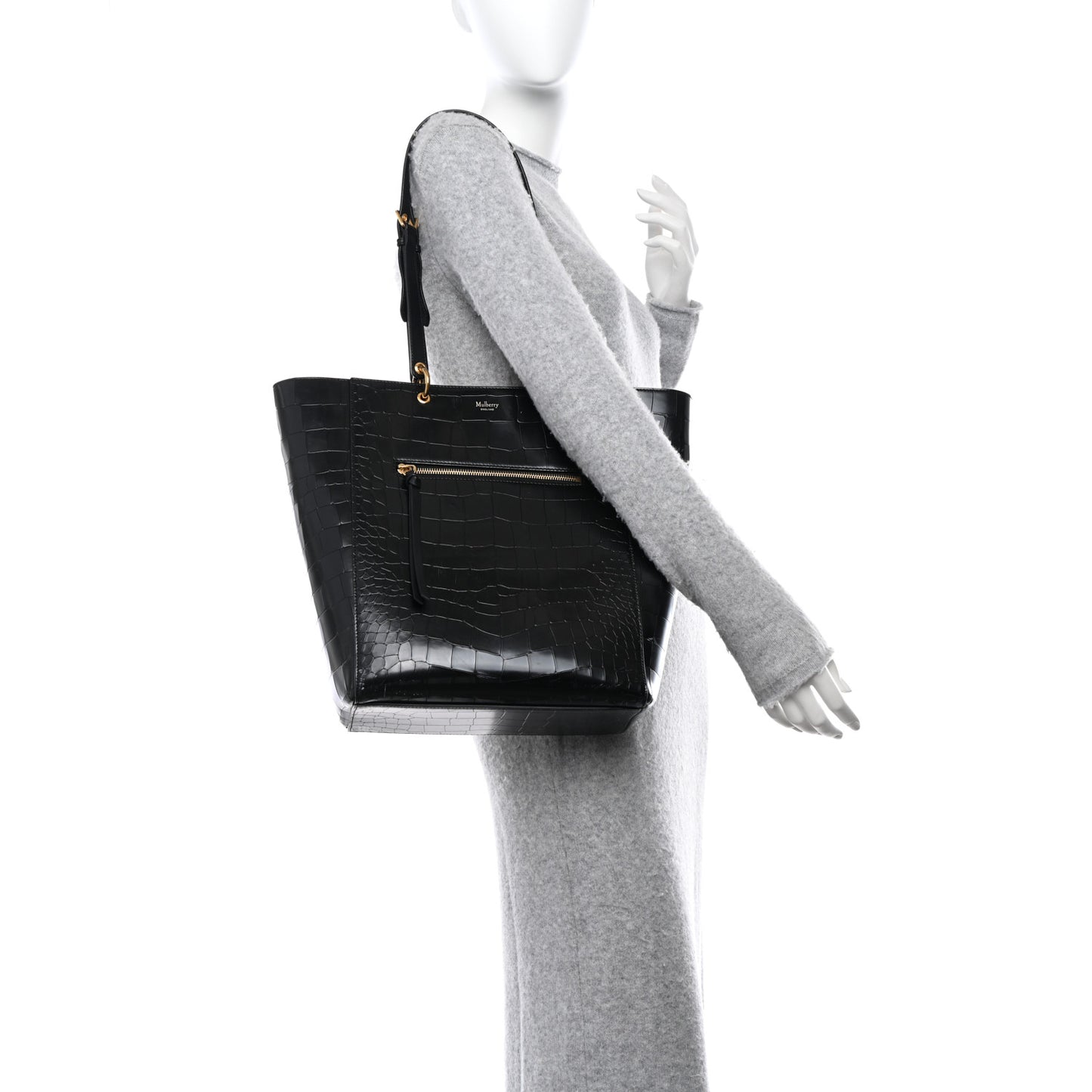 Calfskin Crocodile Embossed Medium Maple Tote Black