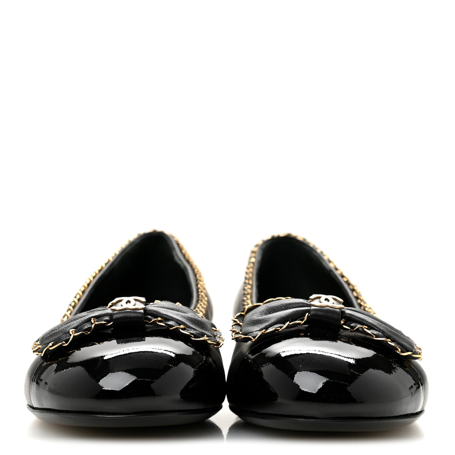 Chanel Lambskin Patent Cap Toe Chain Around Ballerina Flats 37 Black 3 of 10