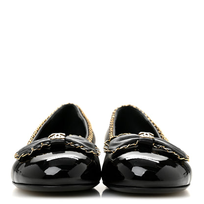 Chanel Lambskin Patent Cap Toe Chain Around Ballerina Flats 37 Black 3 of 10