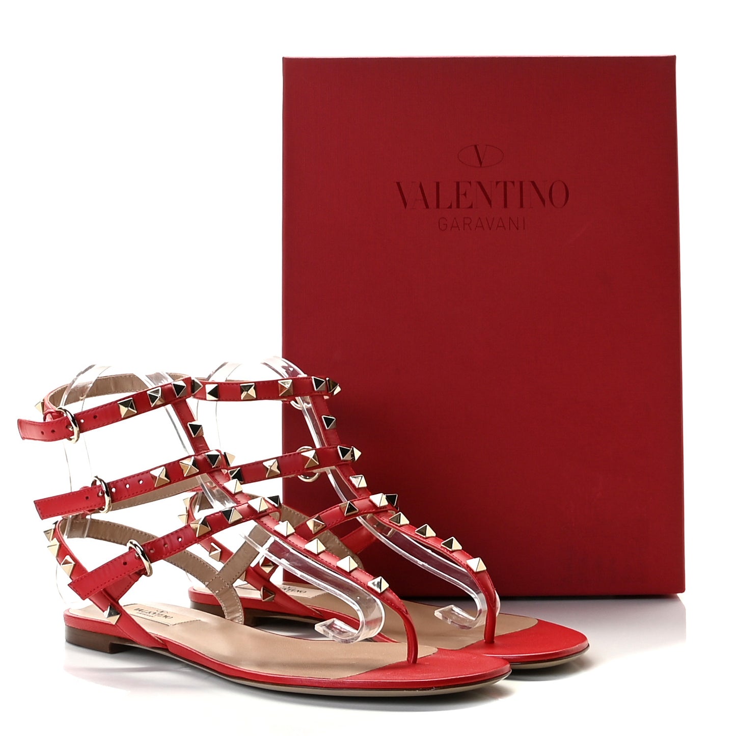 Calfskin Nappa Rockstud Ankle Wrap Flat Thong Sandals 38.5 Rouge Pur