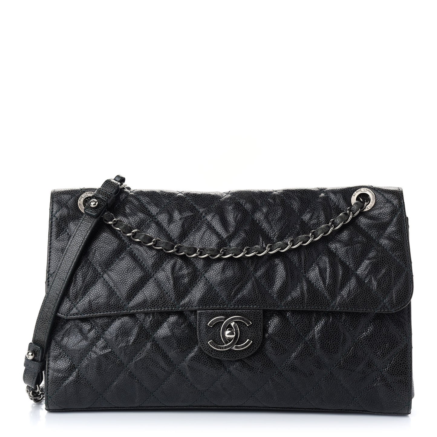 Crumpled Grained Calfskin Jumbo CC Crave Flap Black