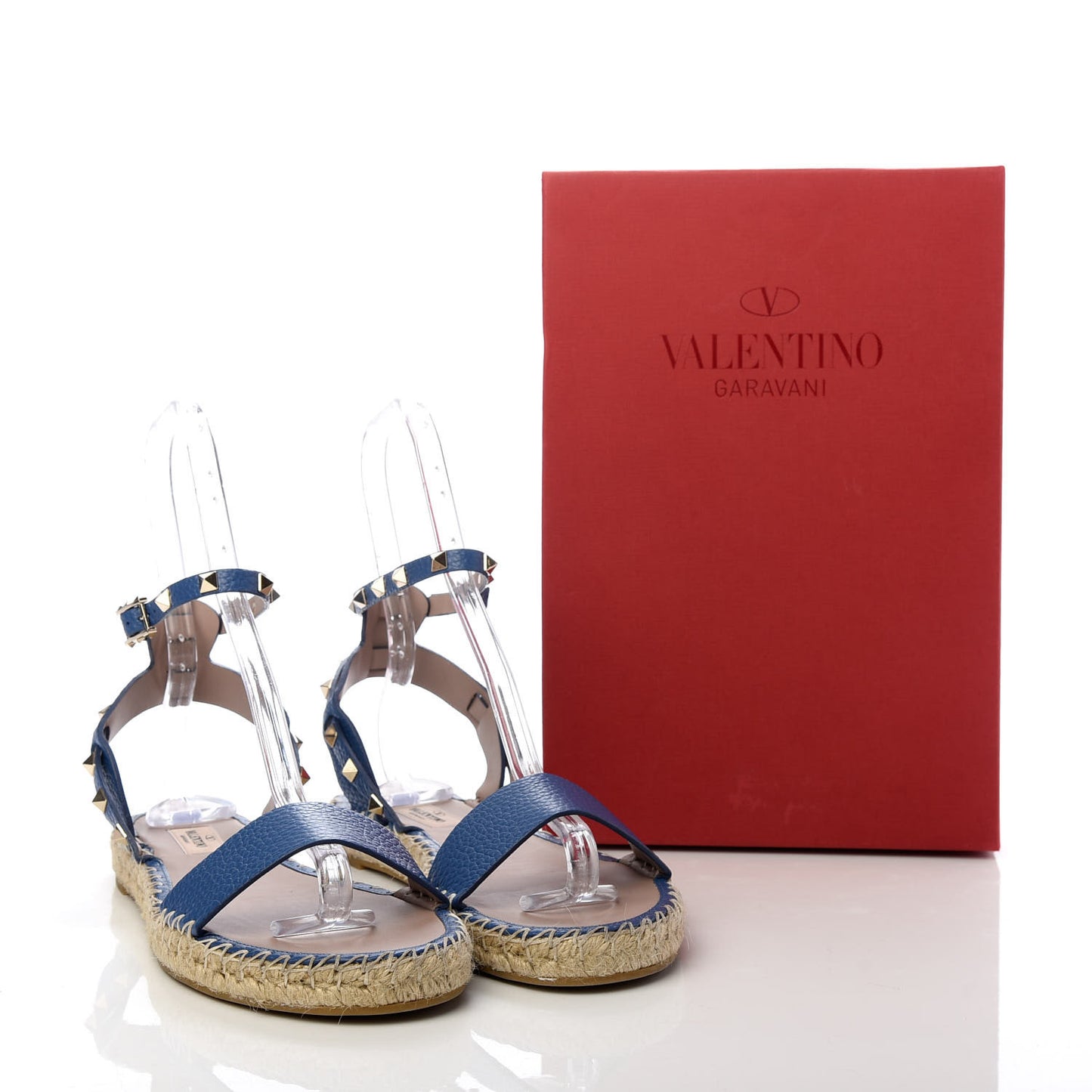 Grained Calfskin Rockstud Ankle Strap Espadrille Flat Sandals 41 Baltique