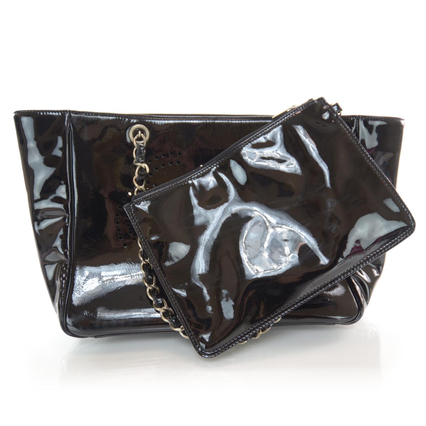 Patent Perforated CC Shopping Tote Black