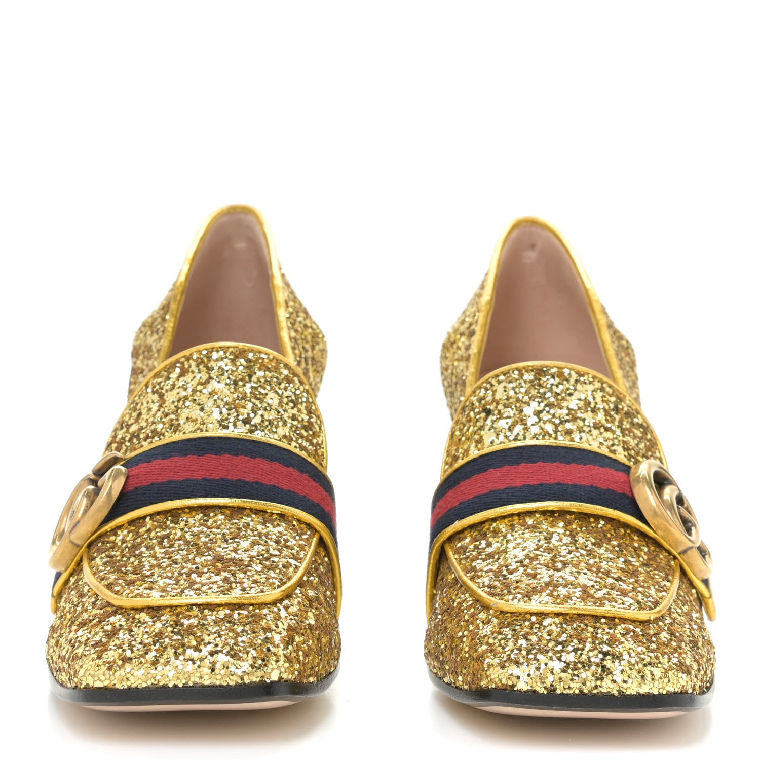 Gucci Glitter Nappa Web Peyton 75mm Loafer Pumps 37.5 Oro Vecchio 5 of 13