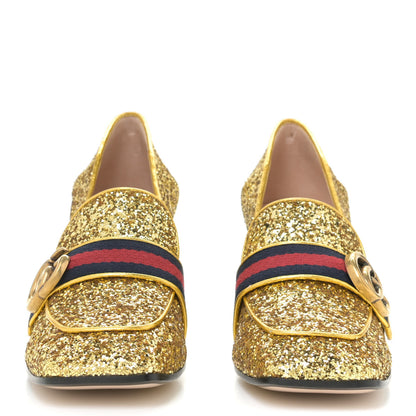 Gucci Glitter Nappa Web Peyton 75mm Loafer Pumps 37.5 Oro Vecchio 5 of 13