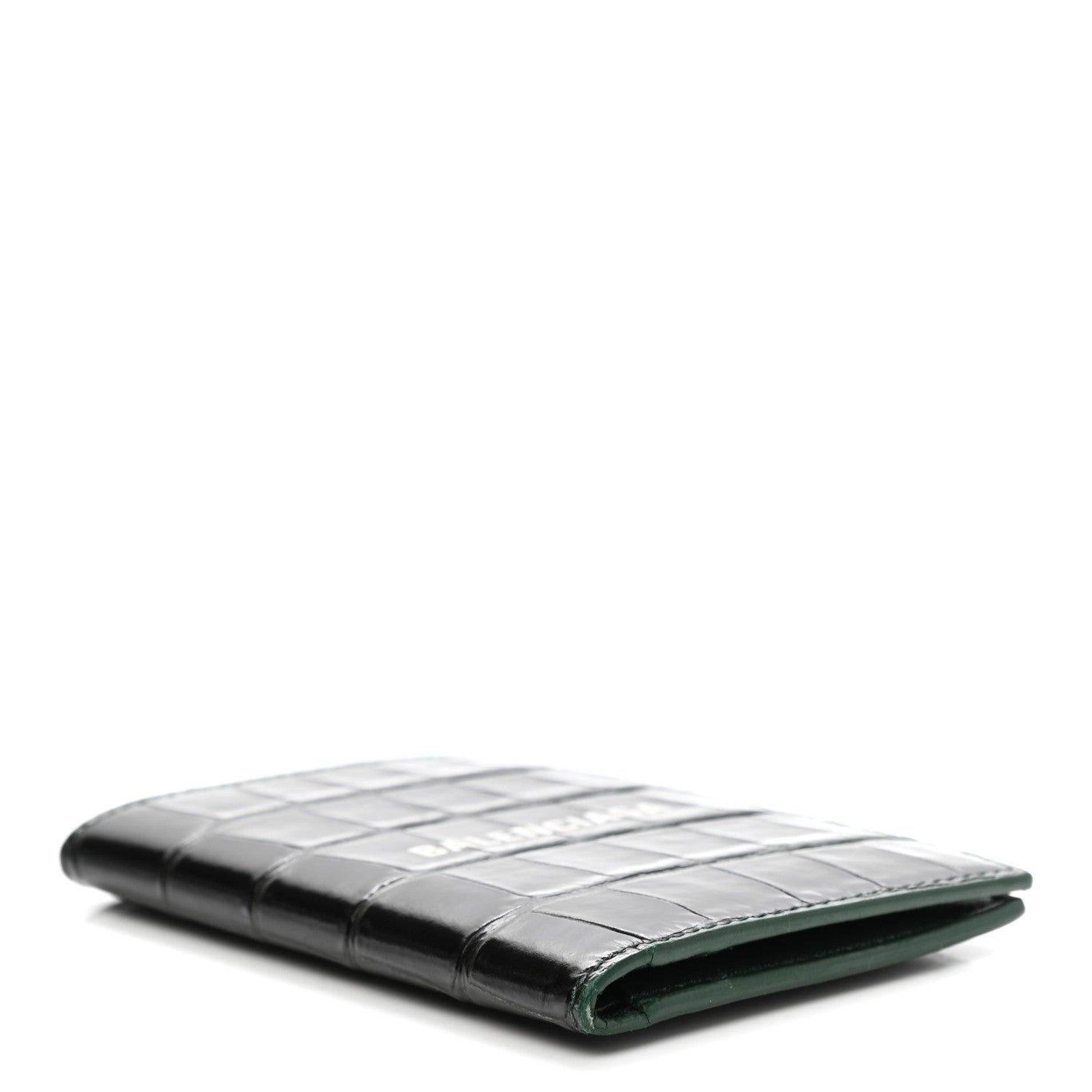 Balenciaga Semi Matte Calfskin Crocodile Embossed Logo Cash Vertical Card Case Dark Green White 4 of 9