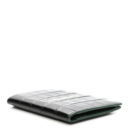 Balenciaga Semi Matte Calfskin Crocodile Embossed Logo Cash Vertical Card Case Dark Green White 4 of 9