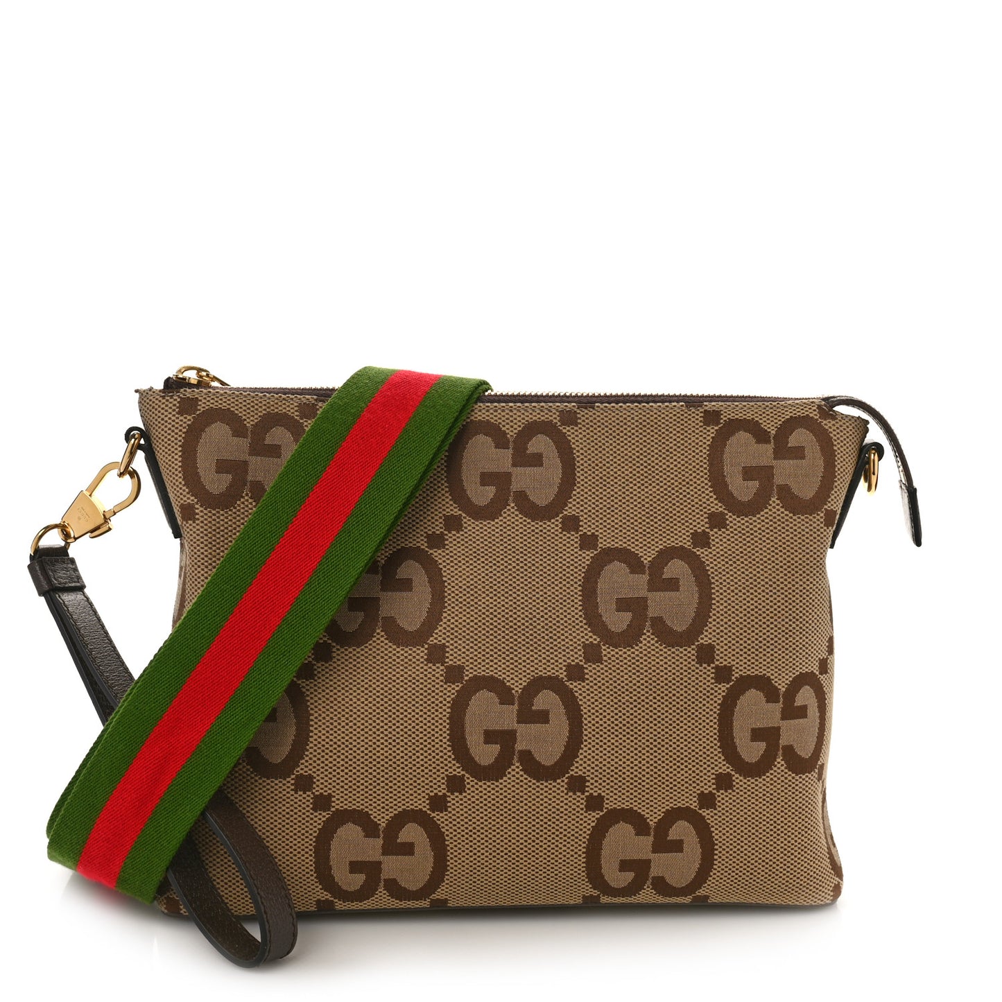 Monogram Jumbo GG Textured Dollar Calfskin Web Wristlet Messenger Bag Camel Ebony New Acero
