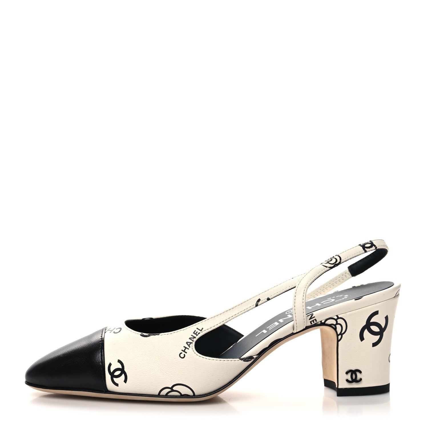 Chanel Printed Lambskin Cap Toe CC Slingback Pumps 37 Black White 1 of 8