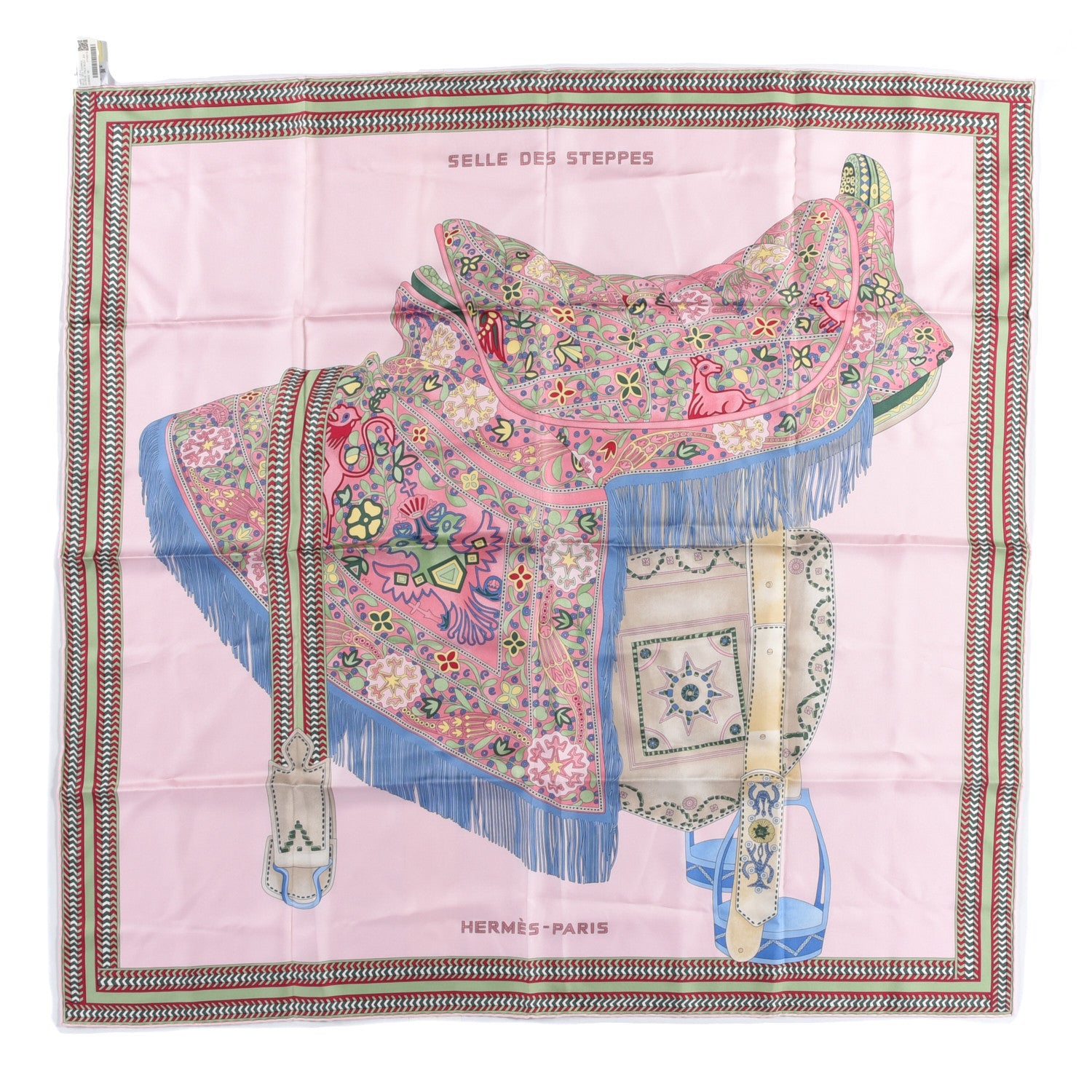 Hermes Silk Selle Des Steppes Scarf 90 Rose Pale Bleu Jean 1 of 8
