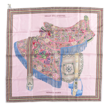 Hermes Silk Selle Des Steppes Scarf 90 Rose Pale Bleu Jean 1 of 8