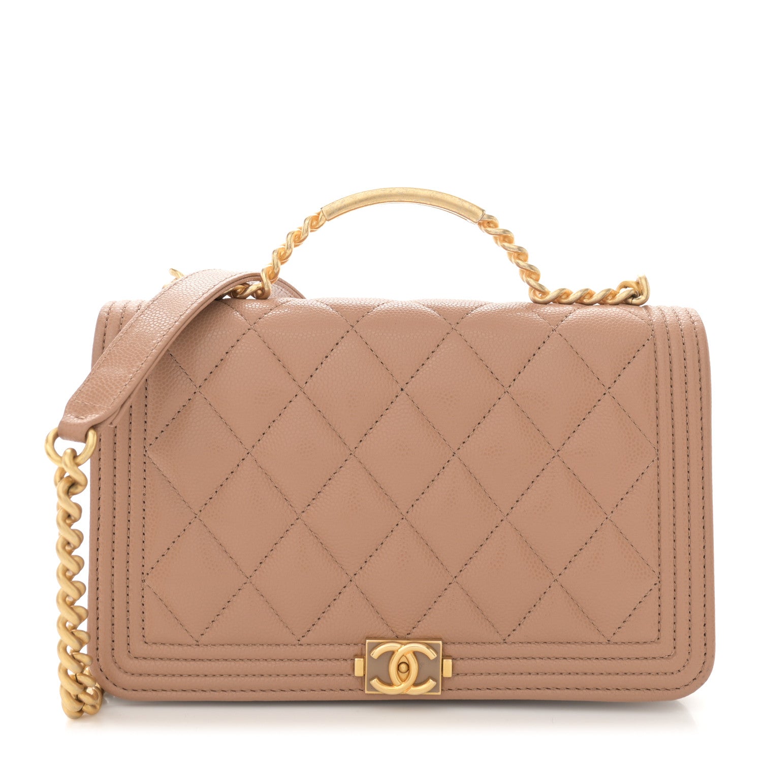 Chanel Caviar Quilted Boy Top Handle Wallet On Chain WOC Beige 1 of 13