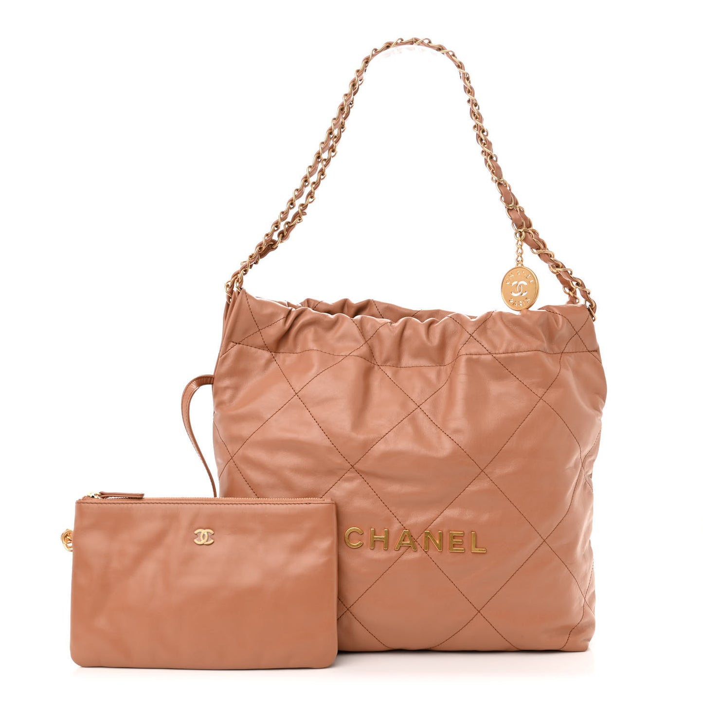 Shiny Calfskin Quilted Small Chanel 22 Camel