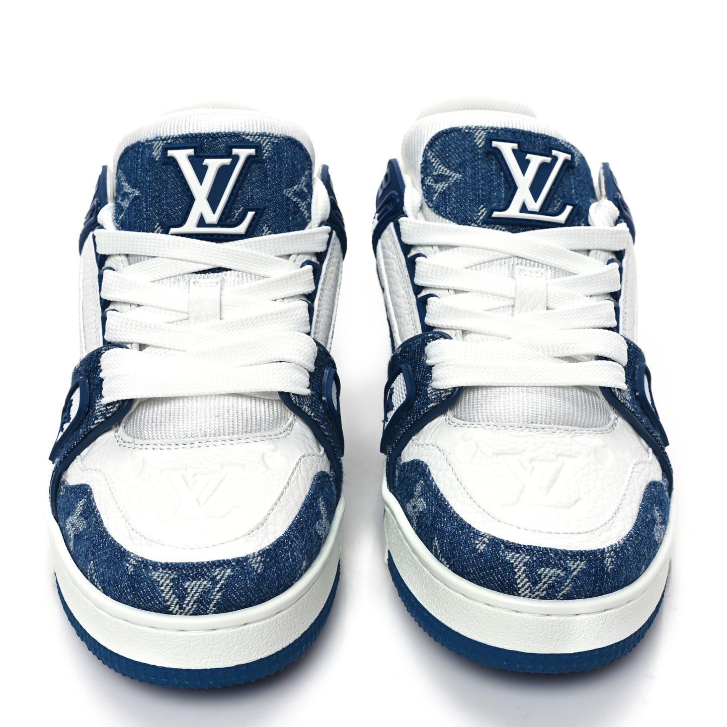Calfskin Embossed Monogram Denim Womens LV Trainer Sneakers 36 Blue