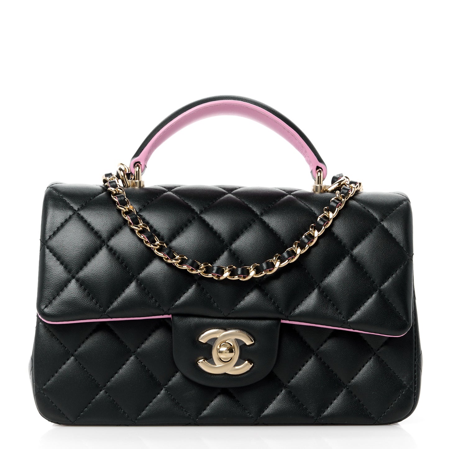 Lambskin Quilted Bi-Color Mini Top Handle Rectangular Flap Black Lilac