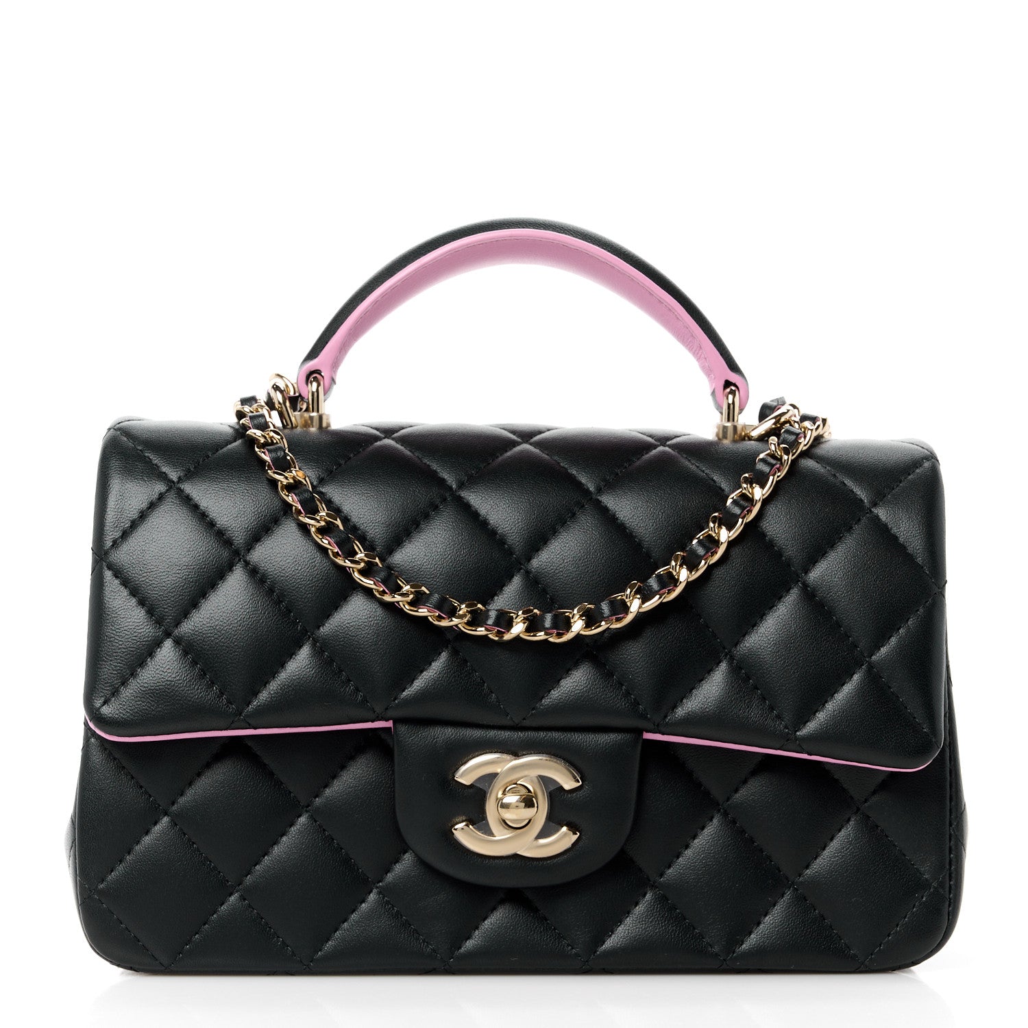 Chanel Lambskin Quilted Bi-Color Mini Top Handle Rectangular Flap Black Lilac 1 of 14