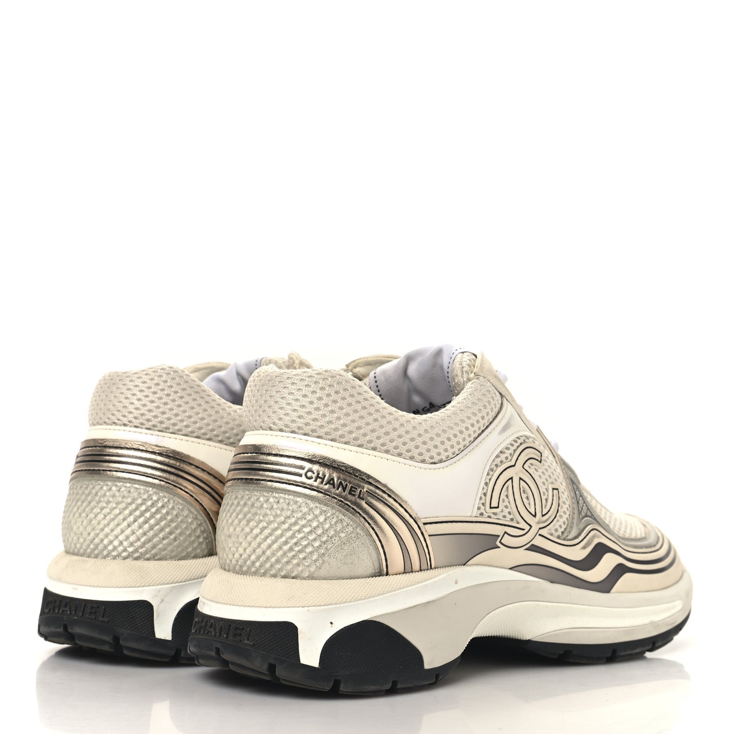Fabric Laminated Calfskin Stretch CC Womens Sneakers 38 White Gold Silver