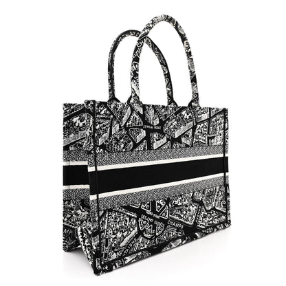 Christian Dior Canvas Embroidered Medium Plan De Paris Book Tote Black White 3 of 13