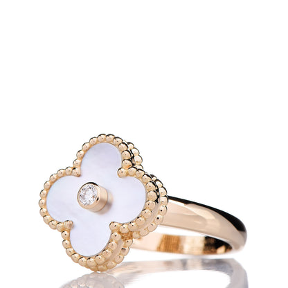 Van Cleef & Arpels 18K Yellow Gold Diamond Mother of Pearl Vintage Alhambra Ring 54 6.75 3 of 6