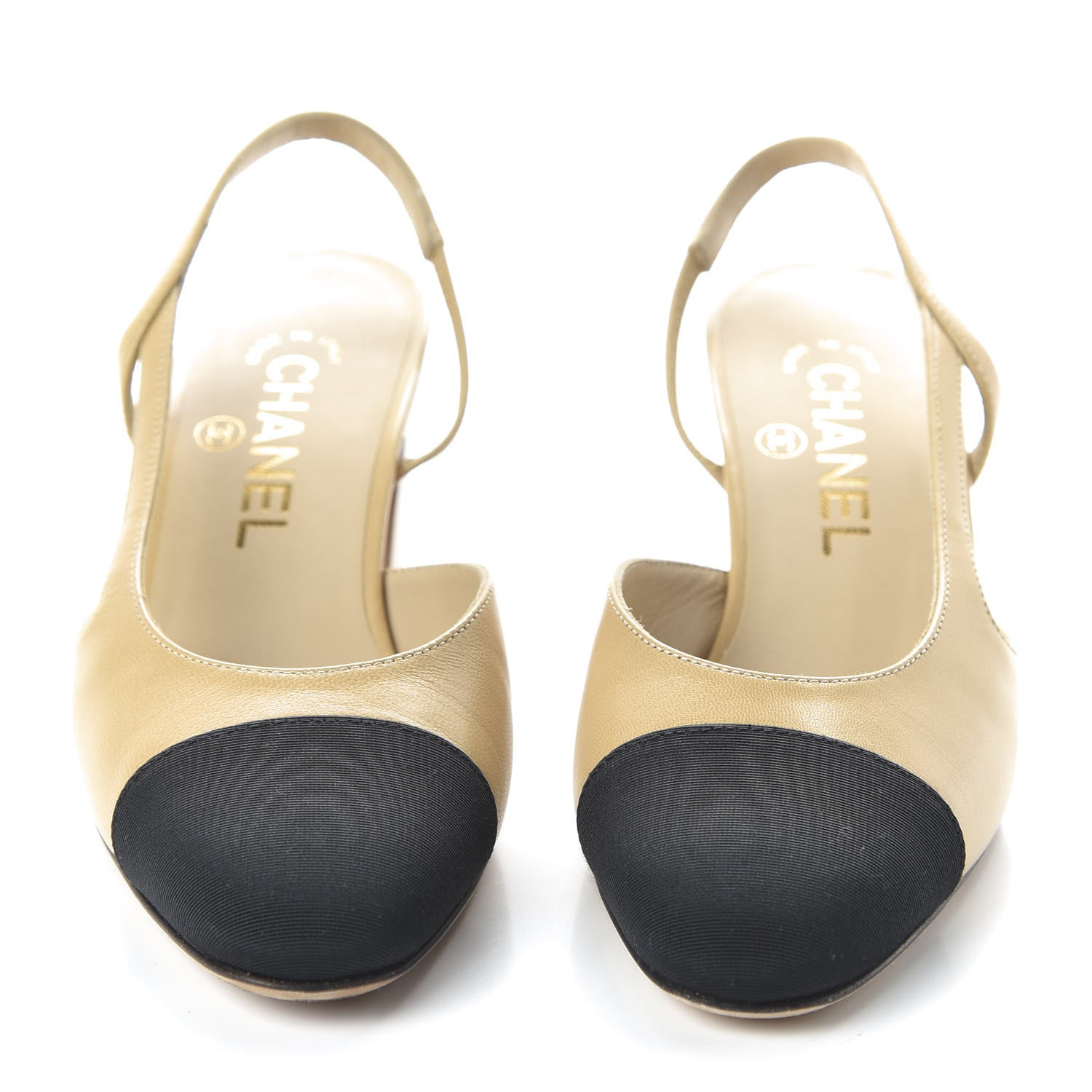 Chanel Goatskin Grosgrain Cap Toe CC Slingback Pumps 36 Beige Black 2 of 9