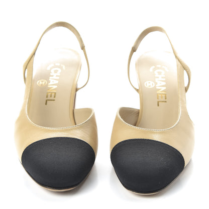 Chanel Goatskin Grosgrain Cap Toe CC Slingback Pumps 36 Beige Black 2 of 9