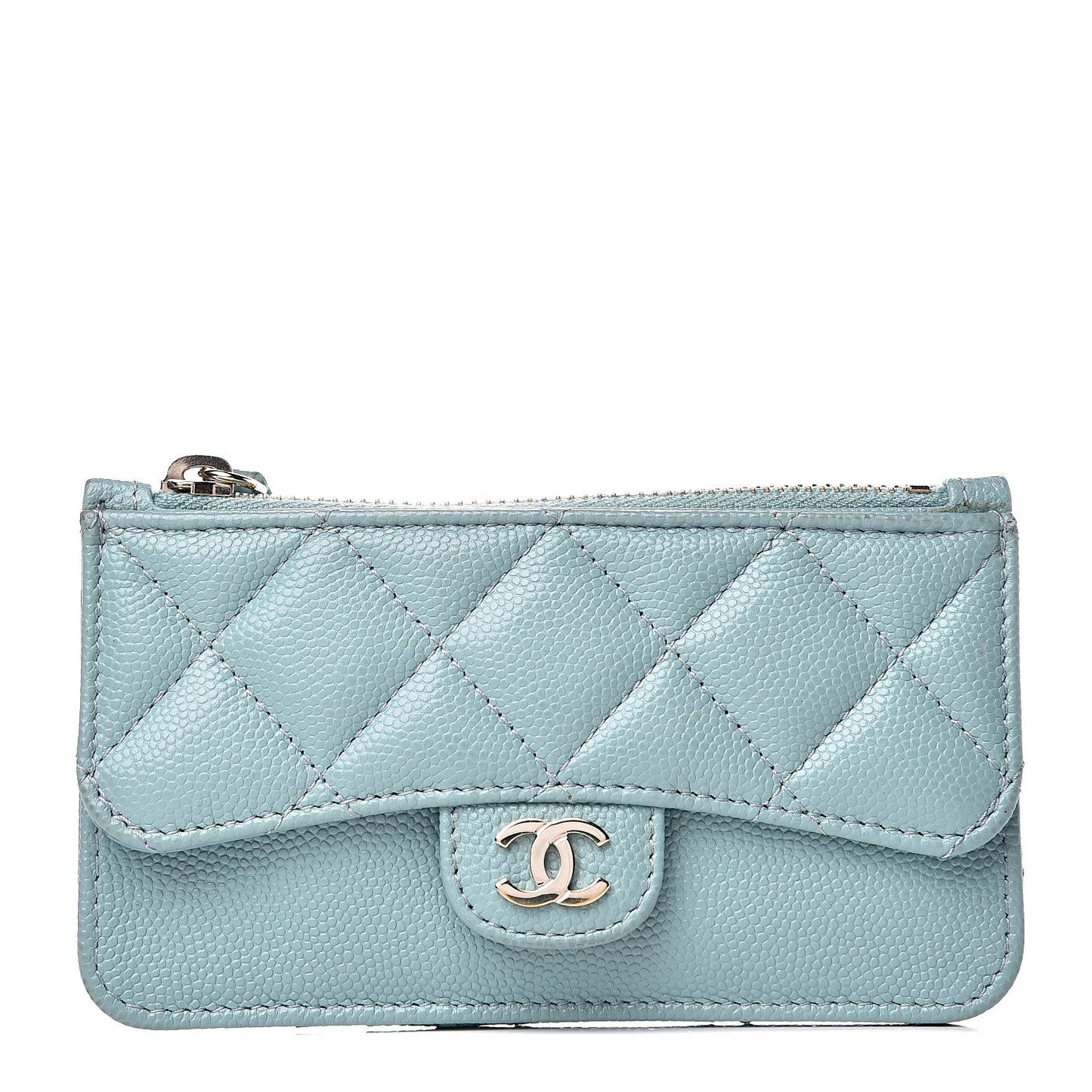 Caviar Quilted Flap Zip Card Holder Light Blue