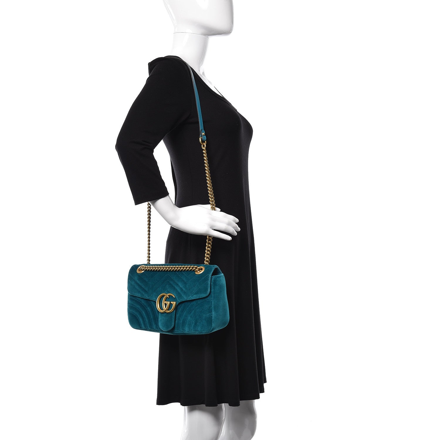Gucci Velvet Matelasse Small GG Marmont Shoulder Bag Pavone Cyan 2 of 11