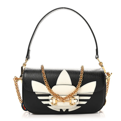 Gucci X ADIDAS Textured Dollar Calfskin Web Small Trefoil Horsebit 1955 Shoulder Bag Black Off White 1 of 10