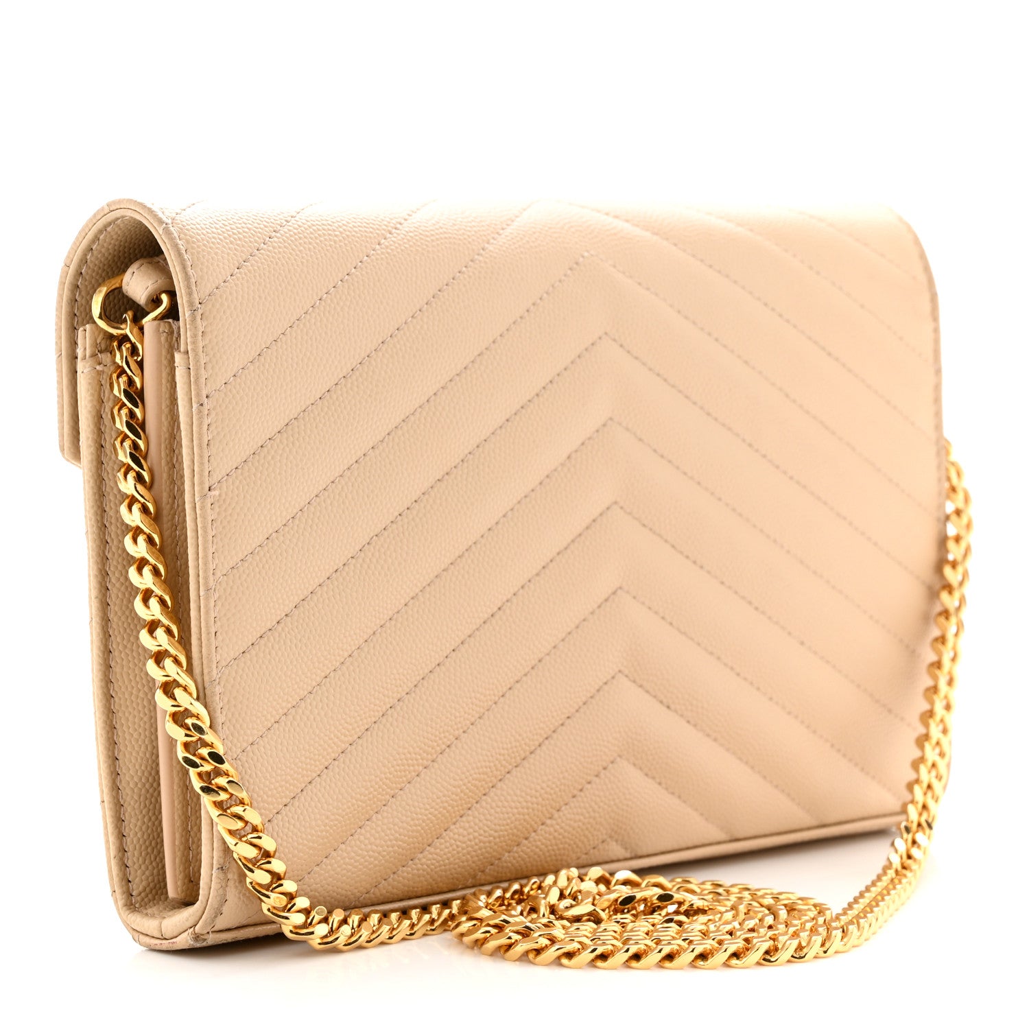 Saint Laurent Grain De Poudre Matelasse Chevron Monogram Chain Wallet Dark Beige 3 of 12