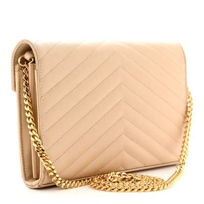 Saint Laurent Grain De Poudre Matelasse Chevron Monogram Chain Wallet Dark Beige 3 of 12