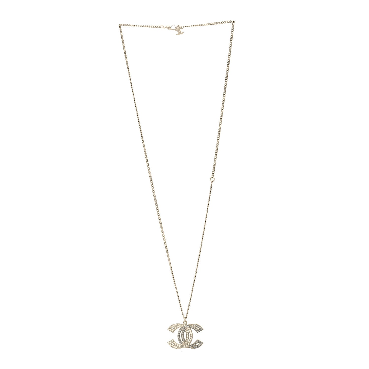 Chanel Metal Crystal Baguette CC Pendant Necklace Silver 3 of 5