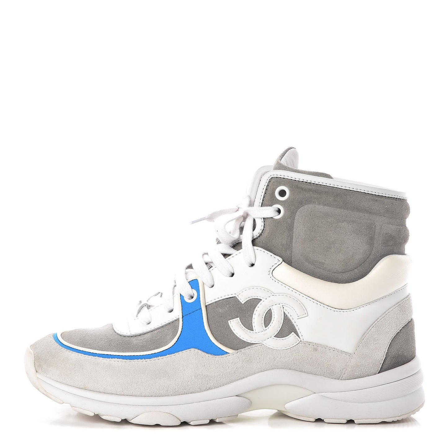 Suede Calfskin Lambskin High Top CC Sneakers 38 White Grey Fluo Blue