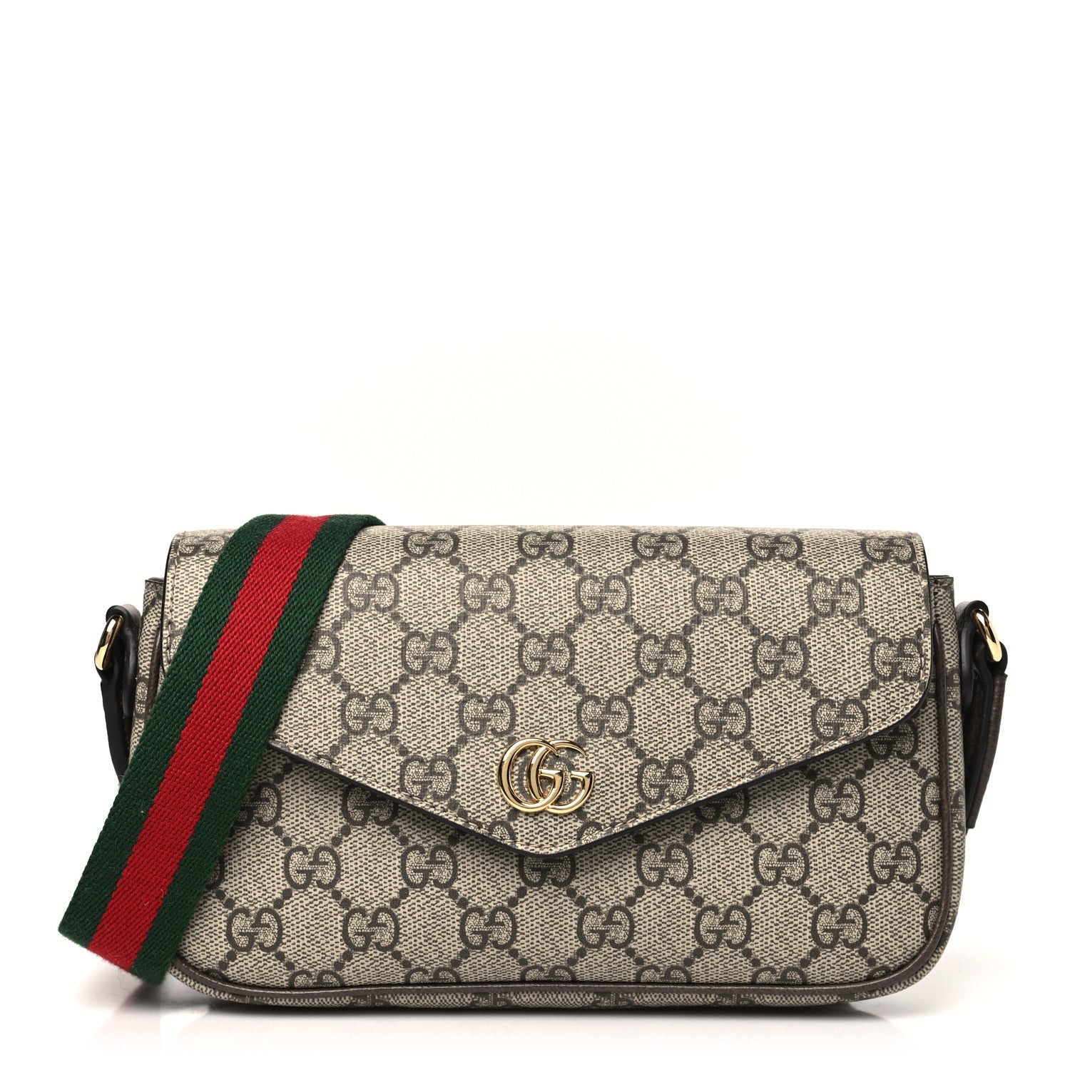 Gucci GG Supreme Monogram Textured Dollar Calfskin Web Mini Ophidia Envelope Shoulder Bag Beige Ebony 1 of 11