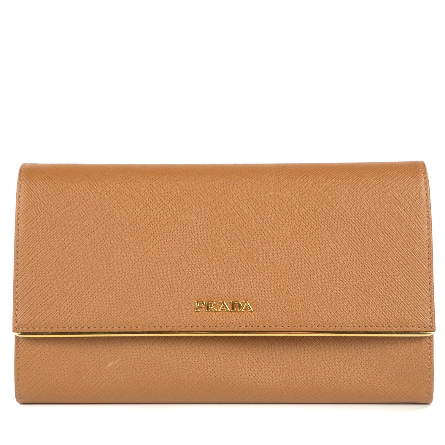 Prada Saffiano Metal Bar Flap Wallet Caramel 1 of 10