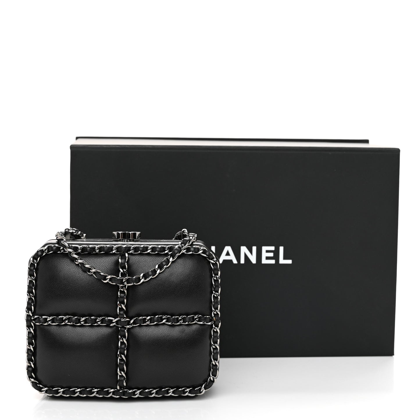 Lambskin Minaudiere Chain Clutch Black