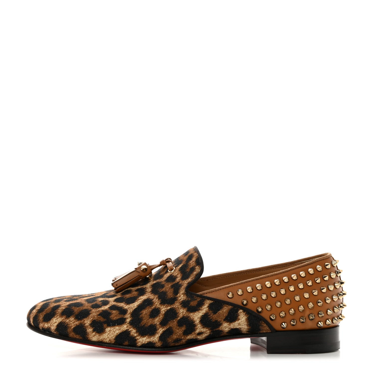 Christian Louboutin Calfskin Canvas Leopard Print Spikes Mens Intern Flat Loafers 45.5 Leopard Tan 1 of 7