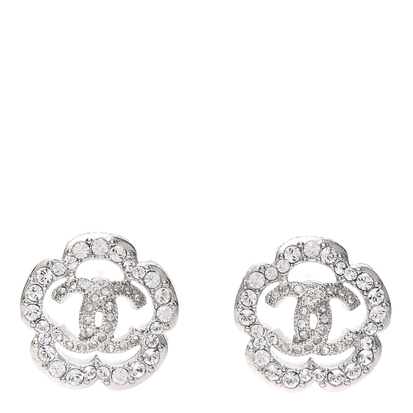 Crystal Coco Flapper Camellia CC Stud Earrings Silver
