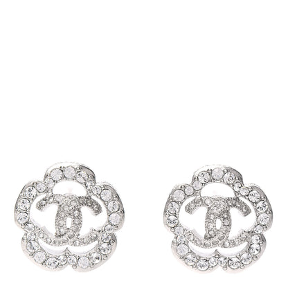 Chanel Crystal Coco Flapper Camellia CC Stud Earrings Silver 1 of 5
